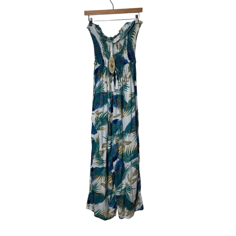Lani Lau Jessie Strapless Smocked Palm Leaf Tropical Jumpsuit Women's M L‎ NEW